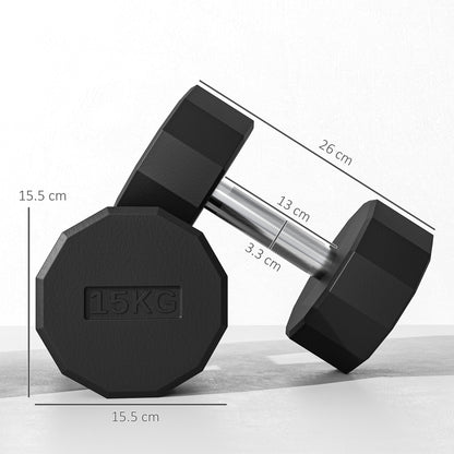 Set 2 Manubri a 12 Lati da 15 kg in Metallo e Gomma con Impugnatura Antiscivolo, 26x15.5x15.5 cm, Nero