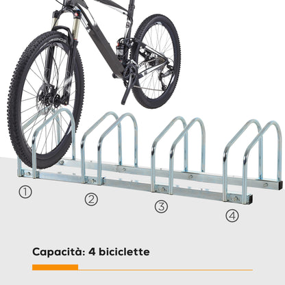 Rastrelliera Portabiciclette Parcheggio per 4 Biciclette in Acciaio, 110x33x27 cm, Argento