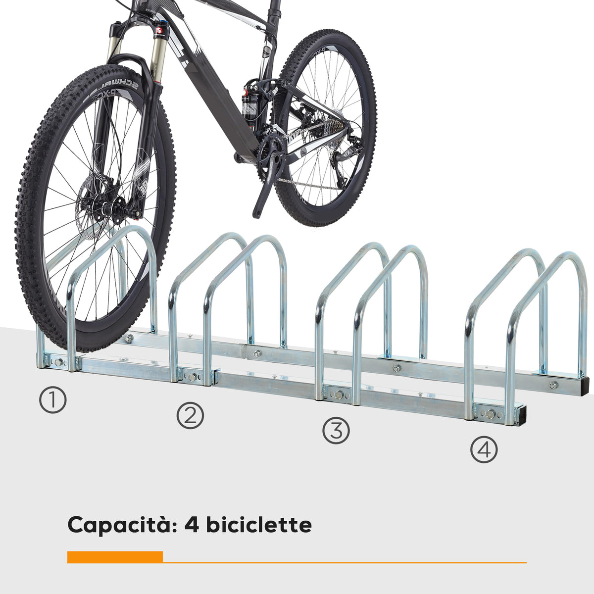 Rastrelliera Portabiciclette Parcheggio per 4 Biciclette in Acciaio, 110x33x27 cm, Argento