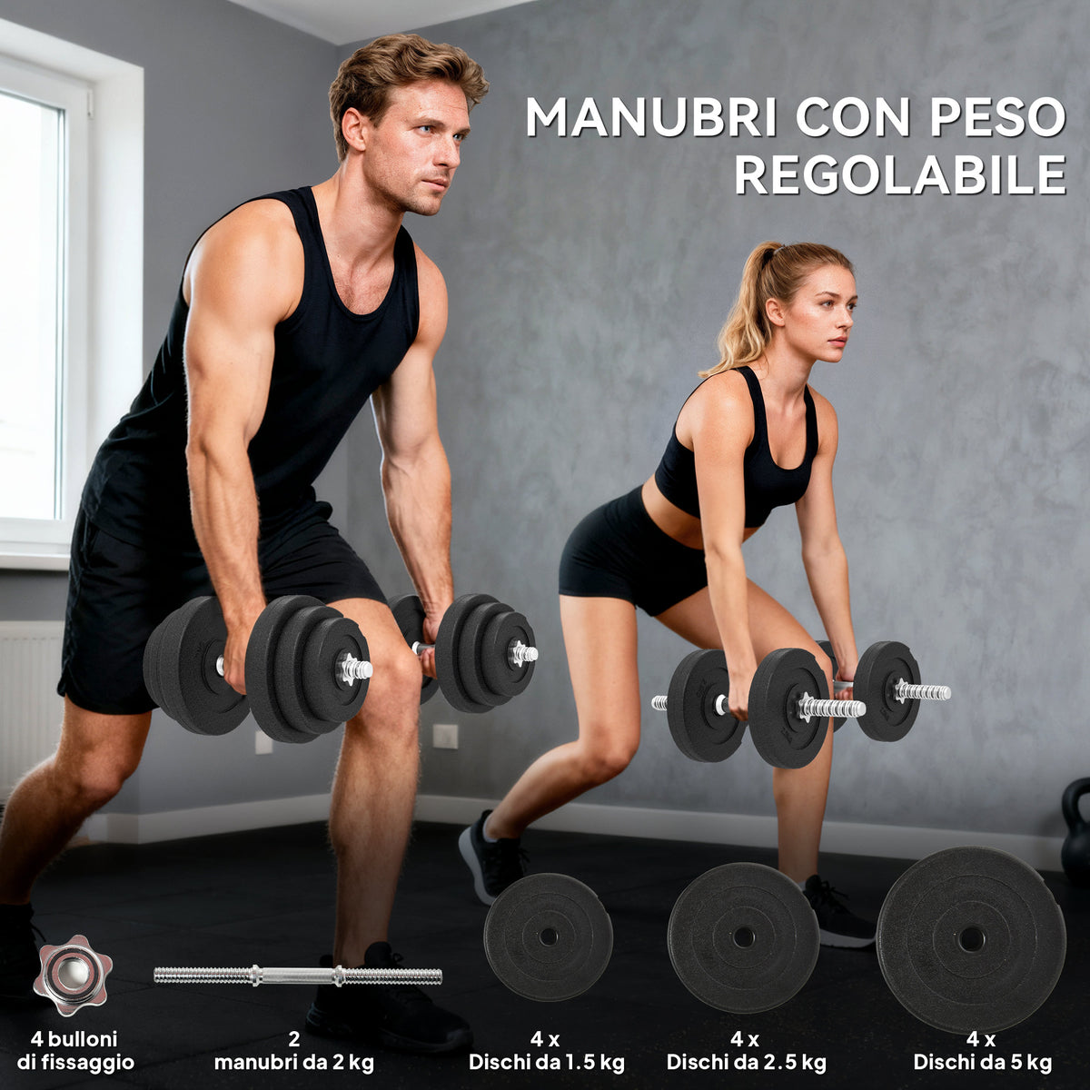 Set 2 Manubri Regolabili da 40 kg Totali con 12 Dischi e Impugnatura Antiscivolo, in Acciaio e Plastica, Nero