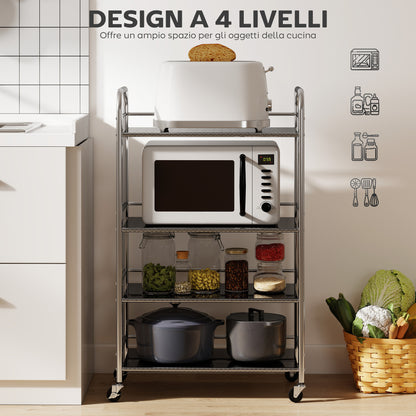 Carrello Multiuso a 4 Livelli con 2 Ripiani Regolabili e Bordi Rialzati, in Acciaio Inox, 60x35x100 cm