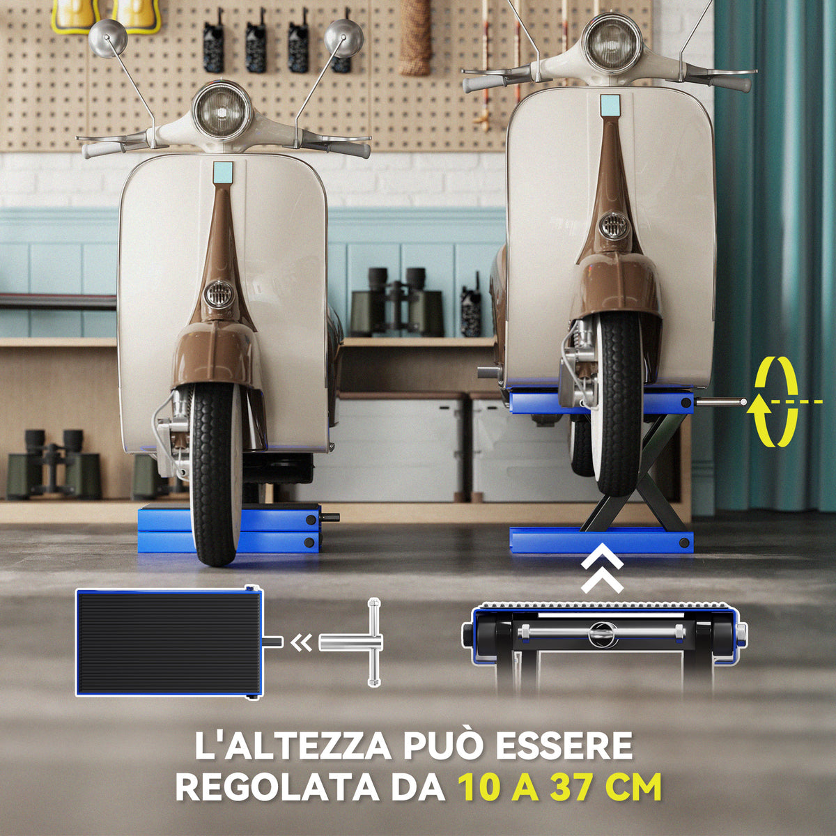 Cavalletto Alzamoto Pieghevole e Antiscivolo in Acciaio e Gomma, 48x22.5x10-37 cm, Blu e Nero