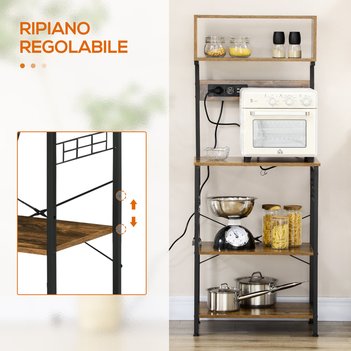 Scaffale Cucina con Multipresa, Ripiani e Ganci Stile Industriale, 60x42x153cm, Marrone