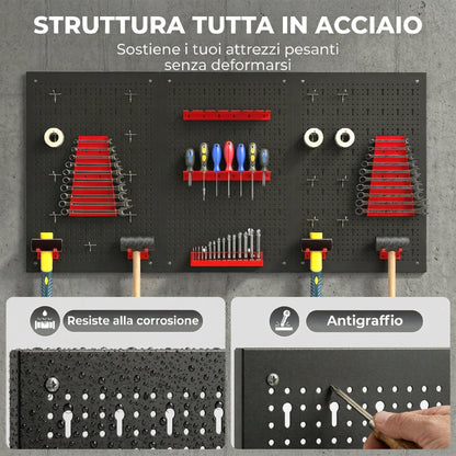 Set 3 Pannelli Porta Attrezzi da Parete in Acciaio con 9 Supporti e 16 Ganci, Nero e Rosso