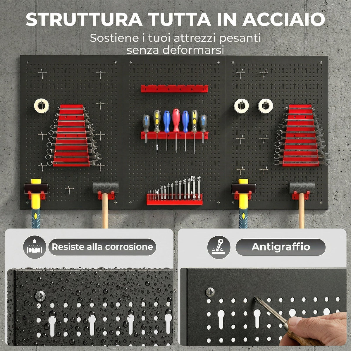Set 3 Pannelli Porta Attrezzi da Parete in Acciaio con 9 Supporti e 16 Ganci, Nero e Rosso