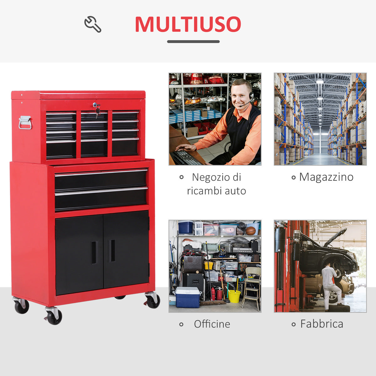 Carrello Porta Attrezzi 2 in 1 con Cassetta Superiore e Armadietto Inferiore, in Metallo, 61.6x33x108 cm, Rosso