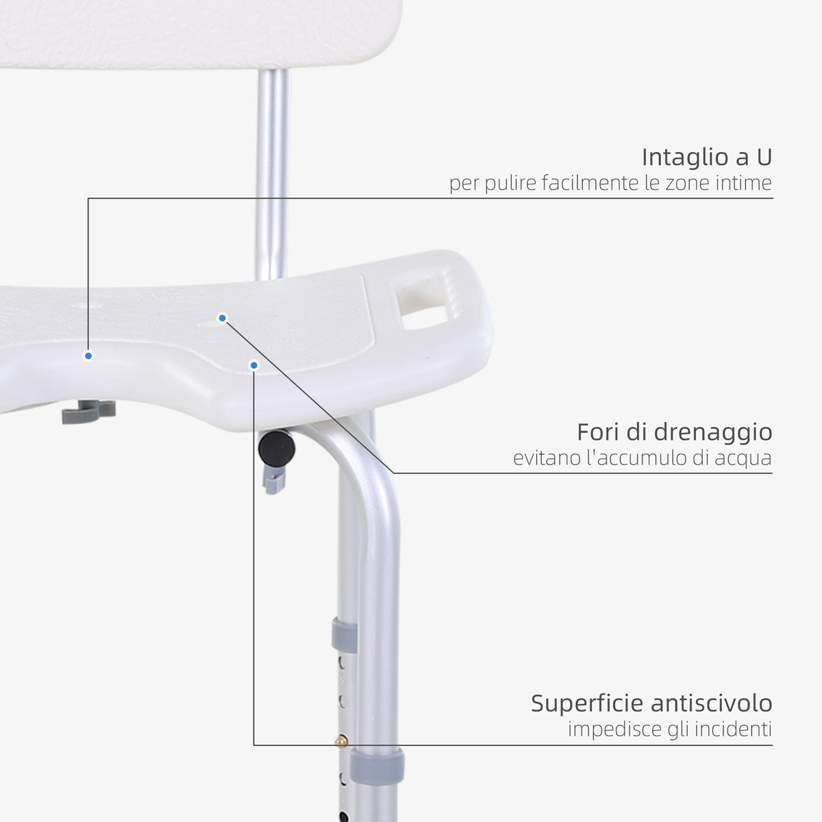 Sedia Doccia Regolabile su 8 Livelli con Fori di Drenaggio, in Alluminio e PE, 48x42x71-83.5 cm, Bianco e Argento