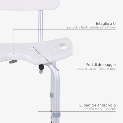 Sedia Doccia Regolabile su 8 Livelli con Fori di Drenaggio, in Alluminio e PE, 48x42x71-83.5 cm, Bianco e Argento