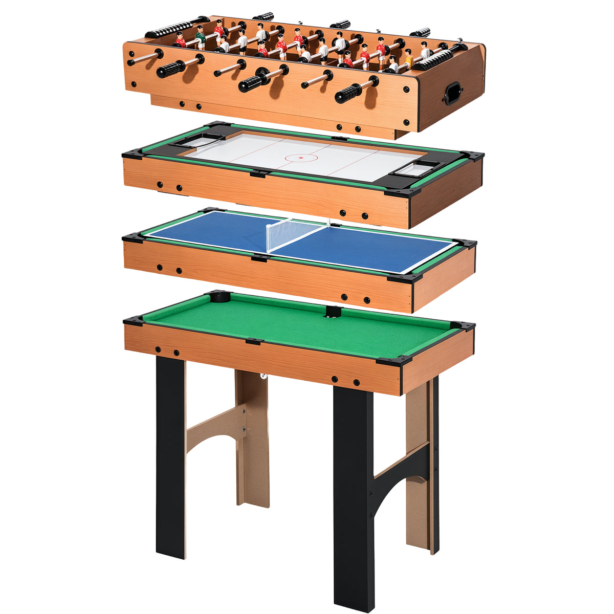 Tavolo Multigioco 4 in 1 con Calcio Balilla, Hockey da Tavolo, Ping Pong e Biliardo in MDF, 92x78x80cm