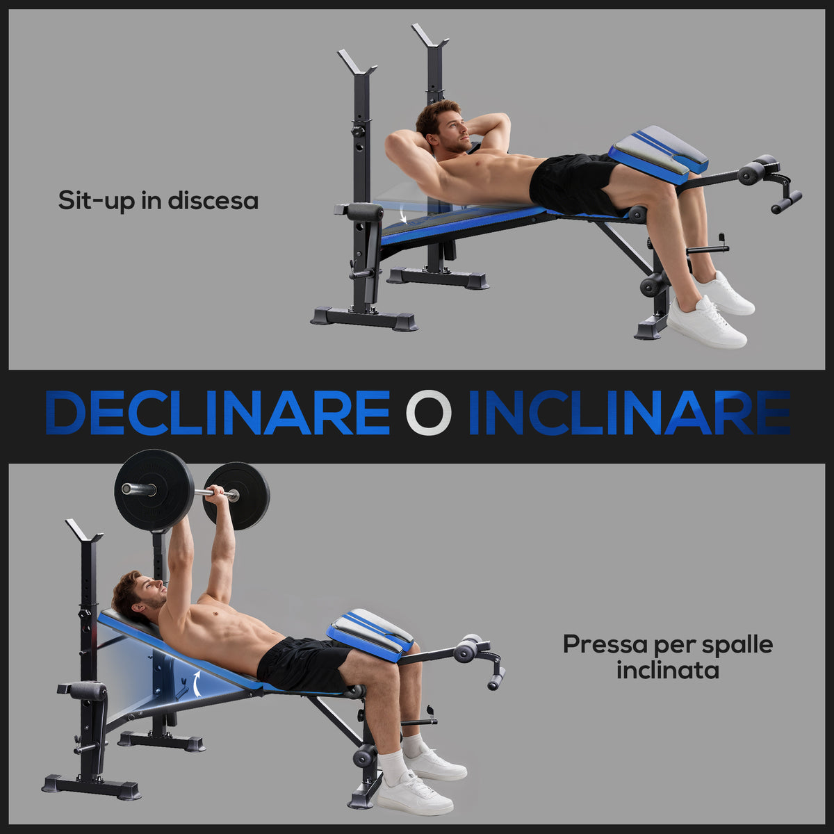 Panca Multiuso con Supporto Bilanciere e Schienale Regolabile, in Acciaio e Plastica, 175x139x127 cm, Nero e Blu