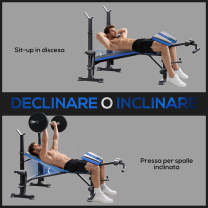 Panca Multiuso con Supporto Bilanciere e Schienale Regolabile, in Acciaio e Plastica, 175x139x127 cm, Nero e Blu