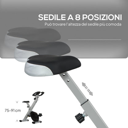 Cyclette Pieghevole Magnetica a 8 Livelli con Display LCD, Rotelle e Sellino Regolabile, Grigio e Nero