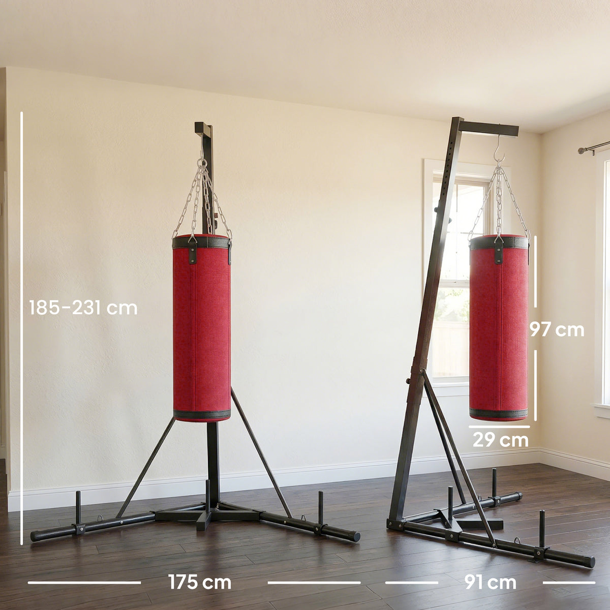 Supporto Sacco Boxe Regolabile con Base Triangolare e Sacco da Boxe, in Acciaio e Tela, 175x91x185-231 cm, Rosso