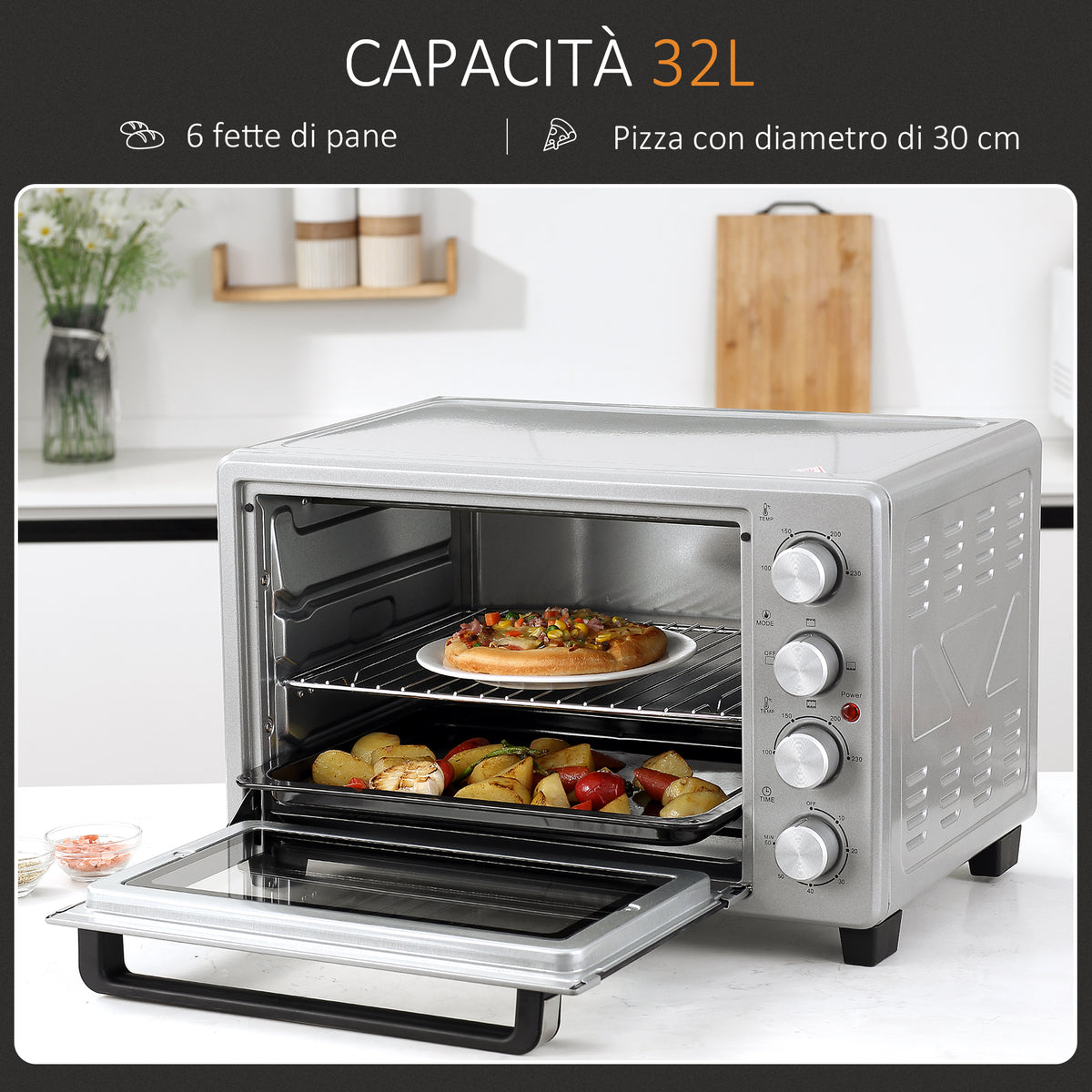 Fornetto Elettrico da 32L Regolazione Temperatura e Timer, 3 Modalità di Cottura e Accessori, Argento