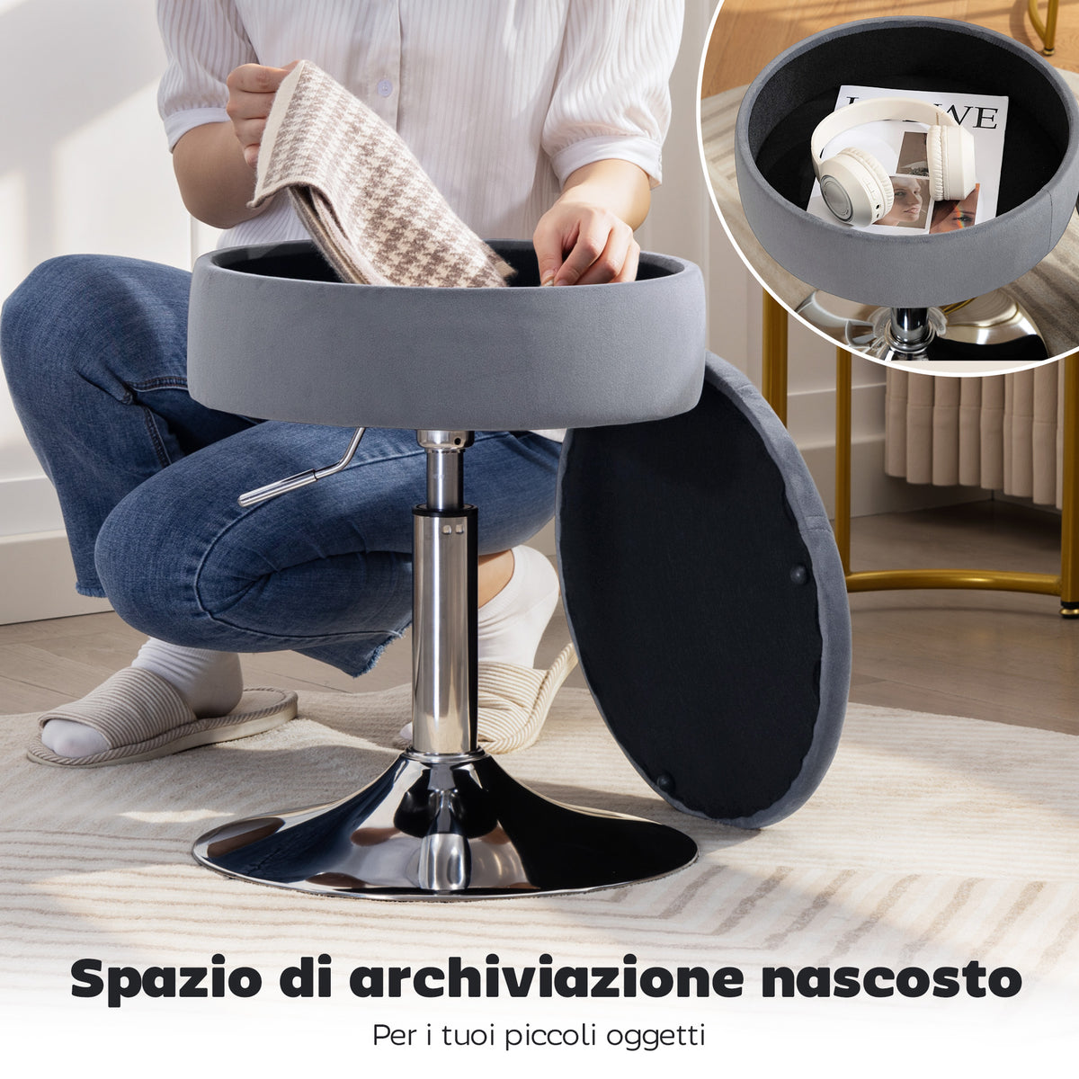 Sgabello da Bar con Altezza Regolabile e Vano Contenitore, Seduta Girevole Imbottita Senza Schienale, Grigio