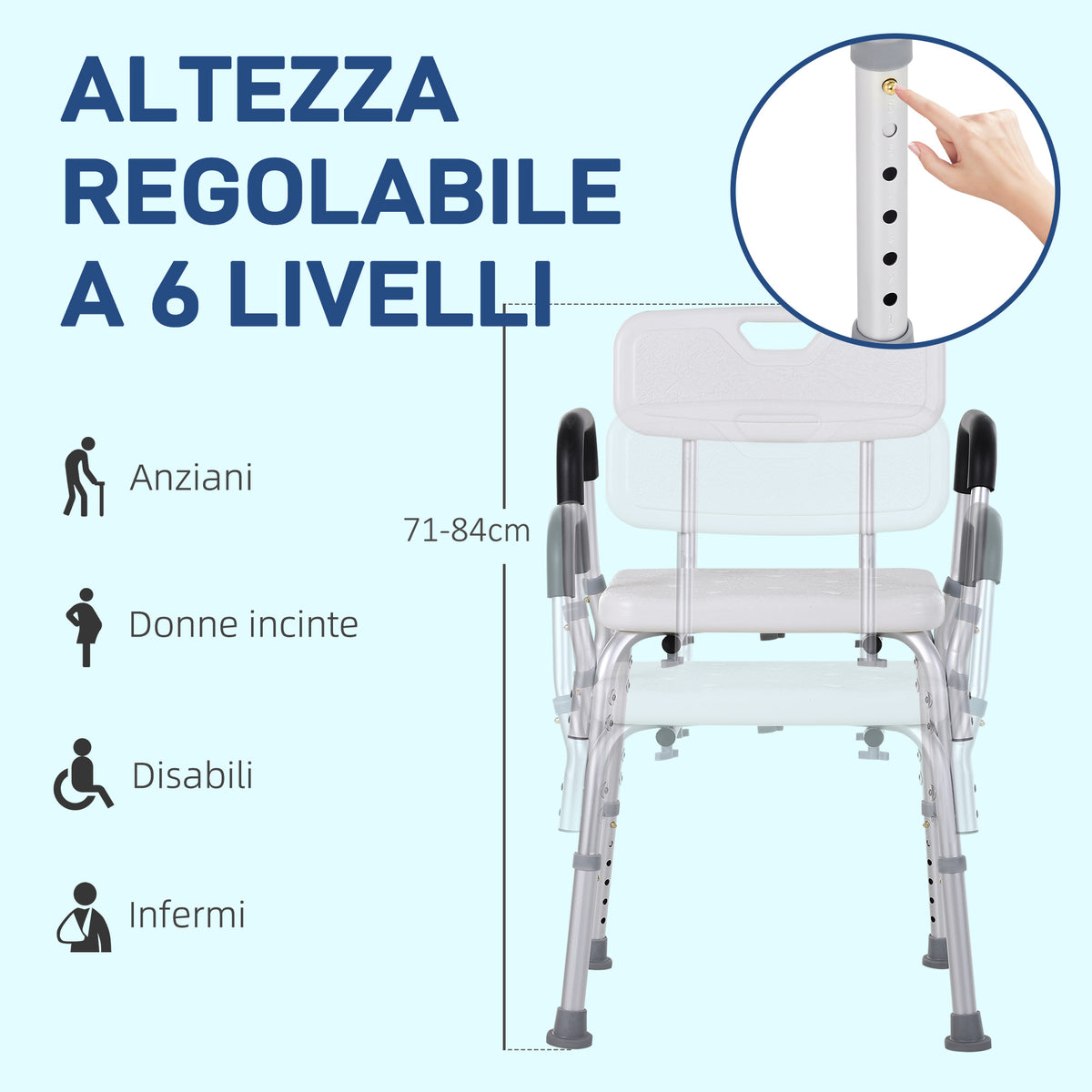 Sedia per Doccia in Alluminio con Altezza Regolabile e Piedini Antiscivolo, 51.5x51.5x71-84cm, Bianco