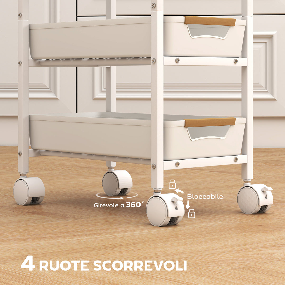Carrello da Cucina a 5 Livelli con 4 Cesti Estraibili, in Metallo, PP e Legno, 39.5x24x82 cm, Bianco e Rovere