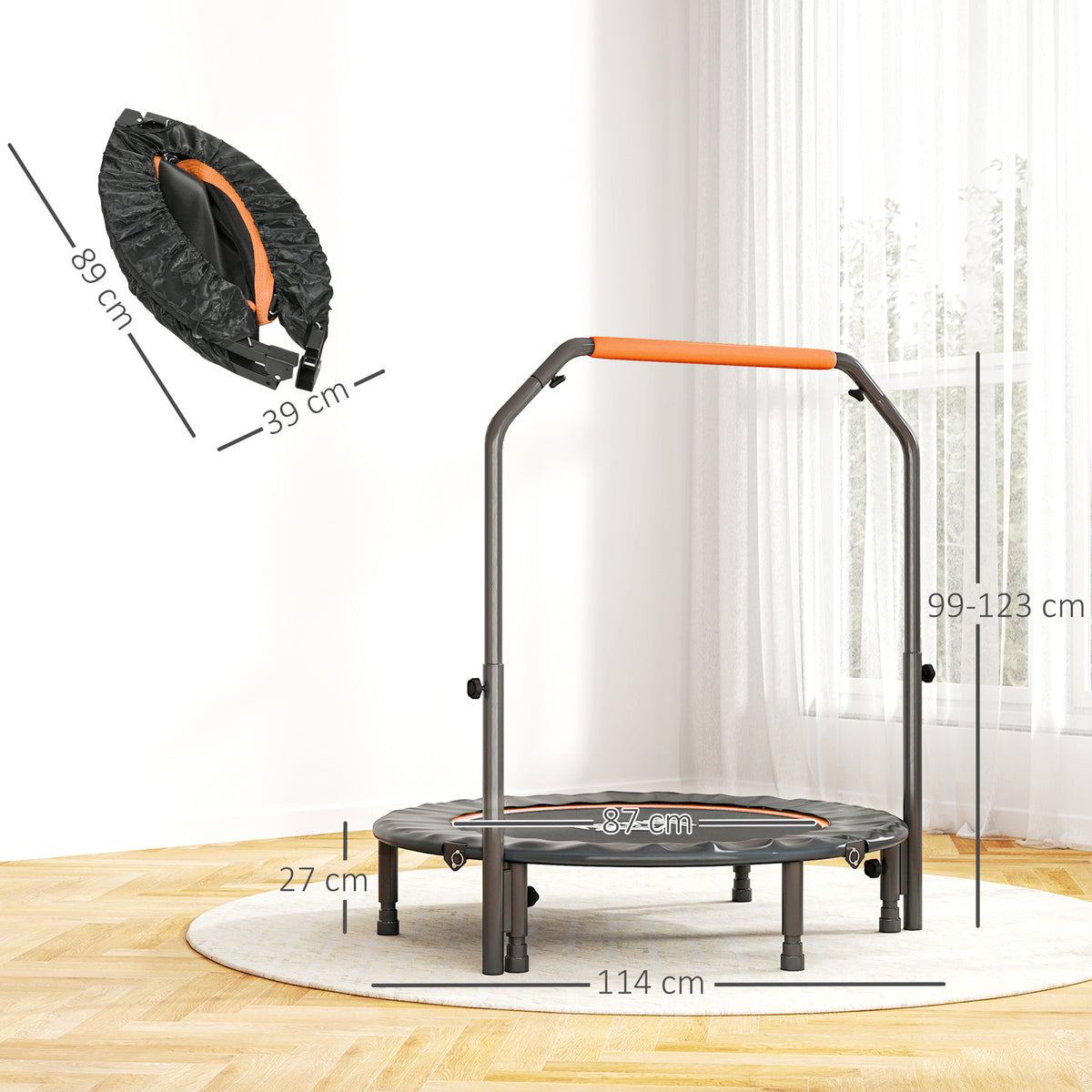 Mini Trampolino Fitness 114 cm Pieghevole con Manubrio Regolabile in Altezza, Arancione e Nero