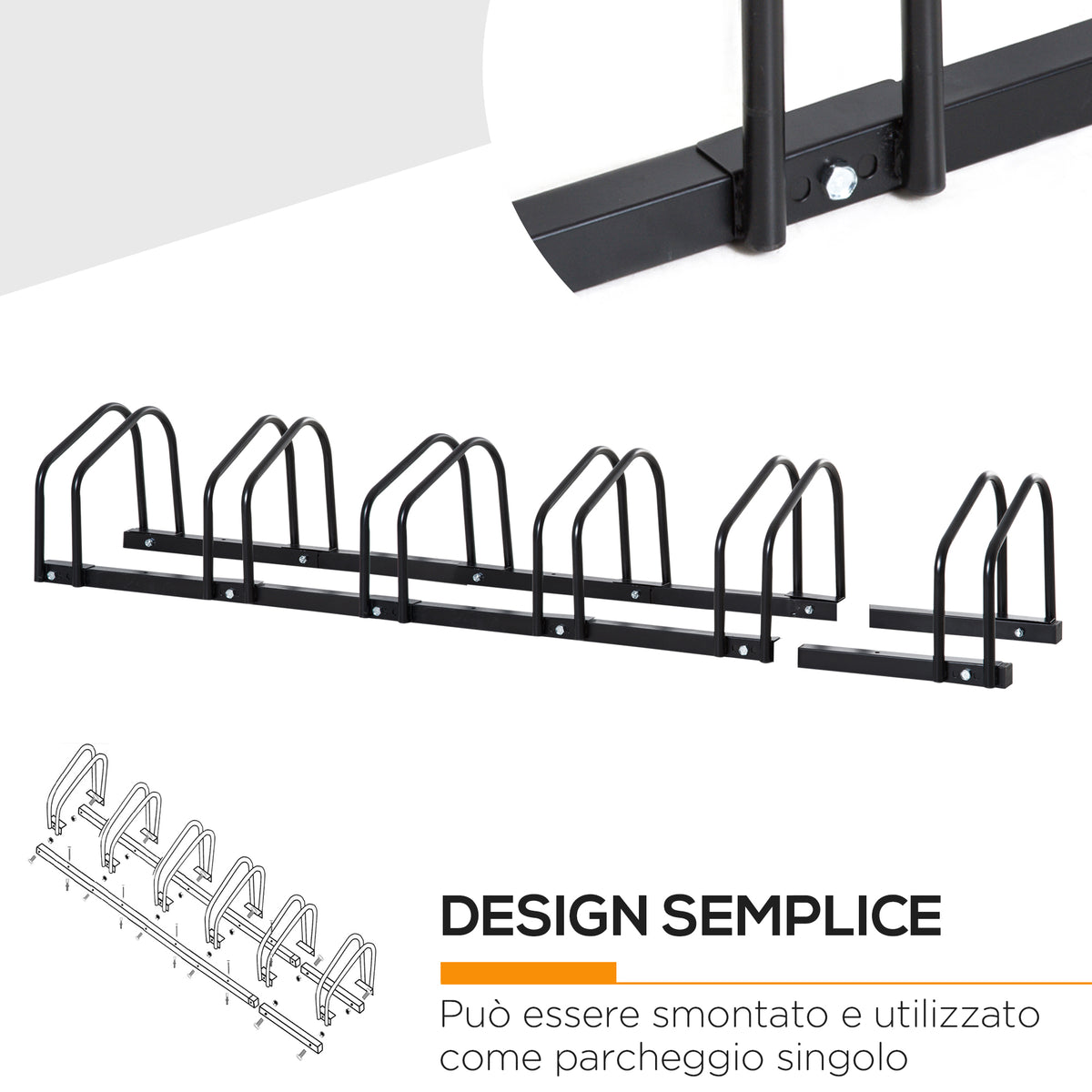Rastrelliera Portabiciclette Parcheggio per 6 Biciclette in Acciaio, 179x33x27 cm, Nero