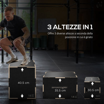 Box Jump Pliometrico a 3 Altezze in Legno Antiscivolo, 41-36-31cm, Nero