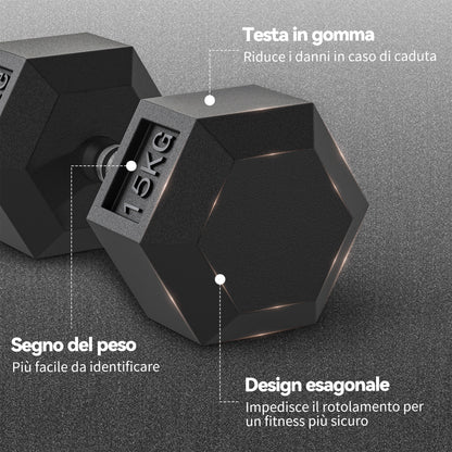 Set 2 Manubri Fitness da 15 kg Esagonali con Impugnatura Antiscivolo, in Acciaio e Gomma, 15.5 x 33.6 cm, Nero