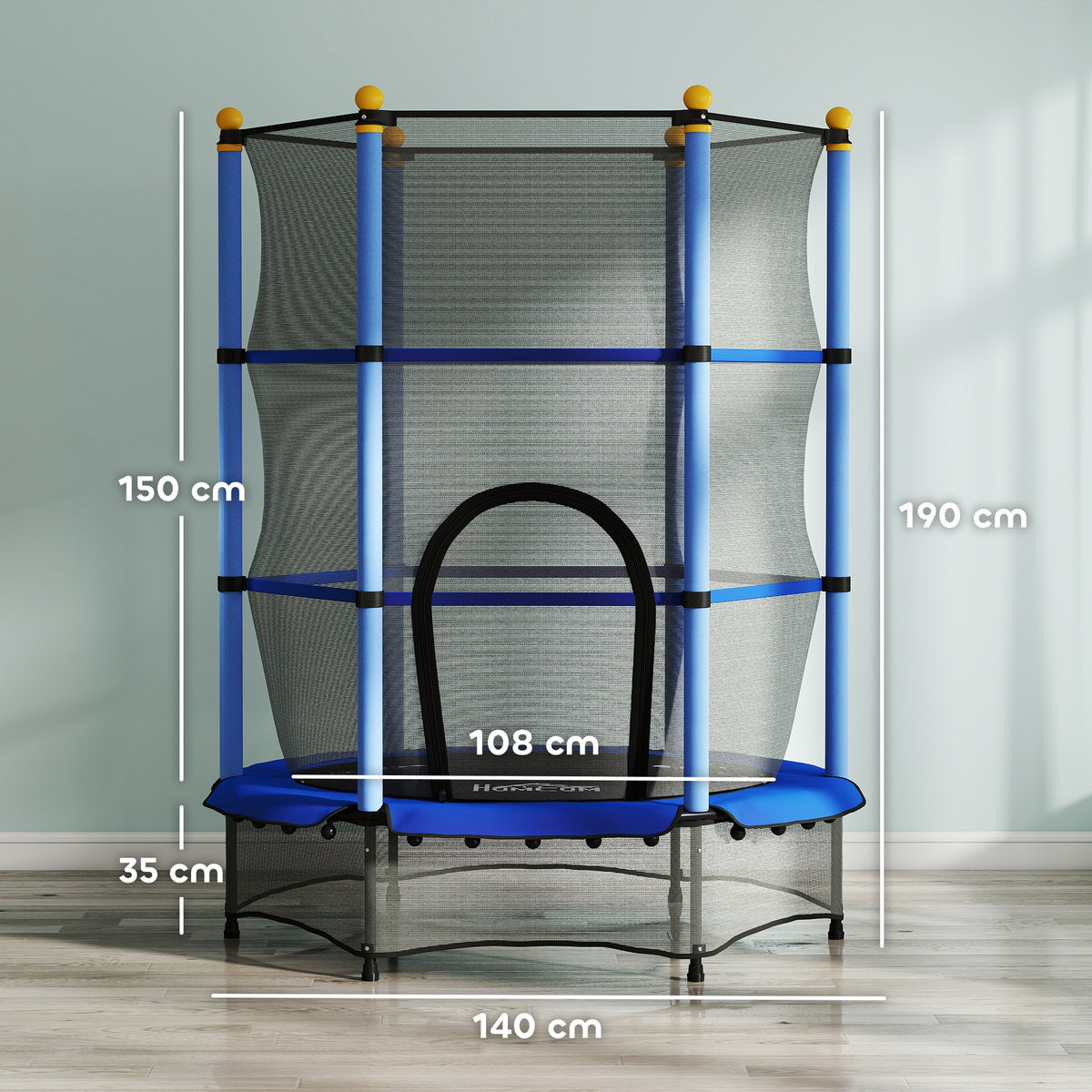 Tappeto Elastico per Bambini con Rete di Sicurezza e Pali Imbottiti Età 3-10 Anni, 140 x 190 cm, Blu