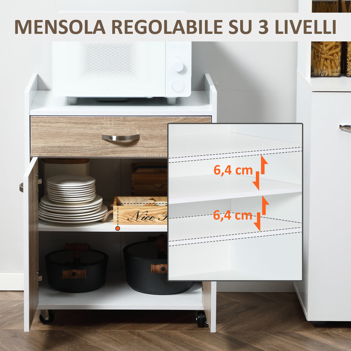 Carrello da Cucina Portavivande per Microonde con 4 Ruote, in Legno, 60x40x77cm - Rovere