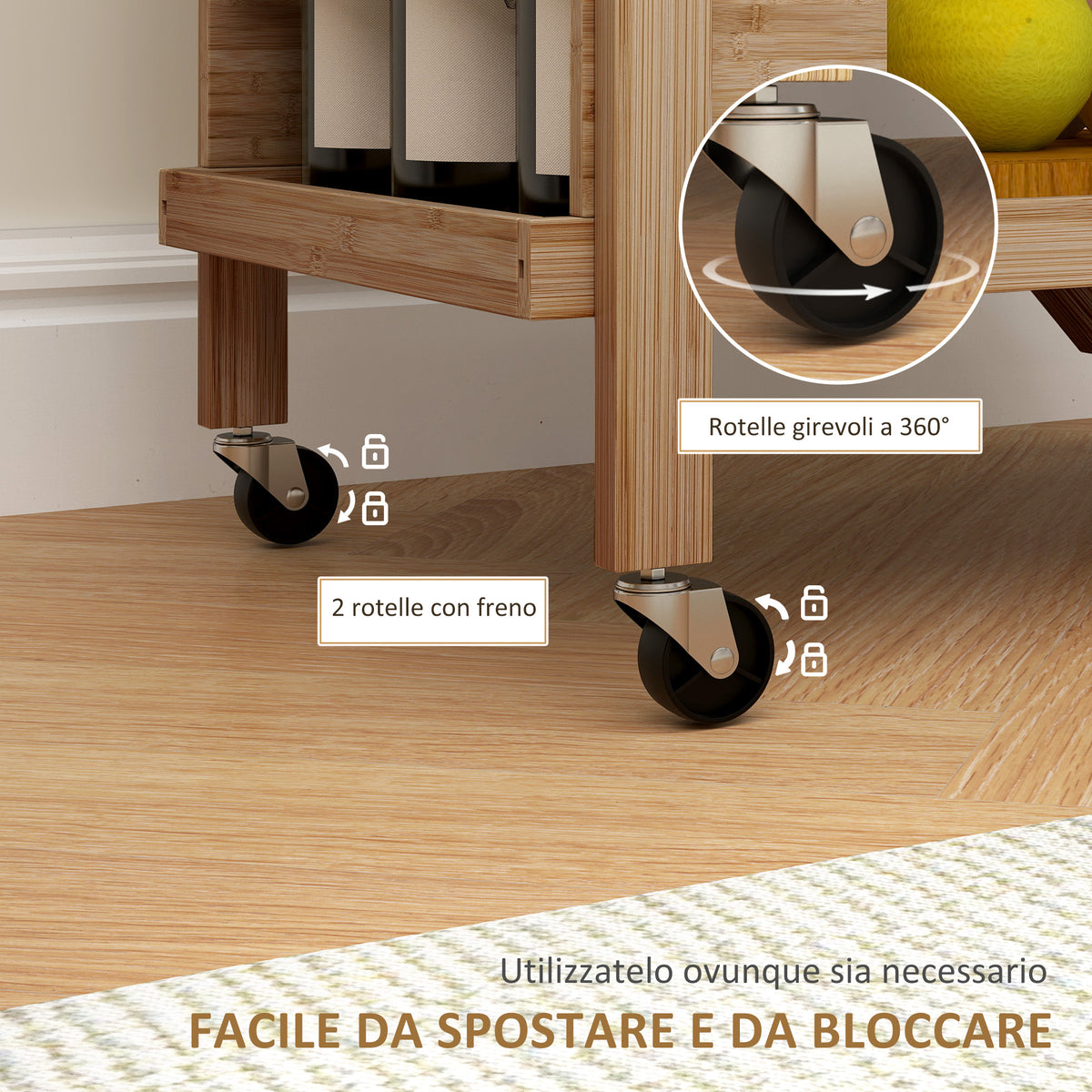 Carrello da Cucina Portavivande Pieghevole a 2 Livelli con Portabottiglie in Legno di Bambù