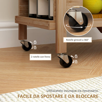 Carrello da Cucina Portavivande Pieghevole a 2 Livelli con Portabottiglie in Legno di Bambù