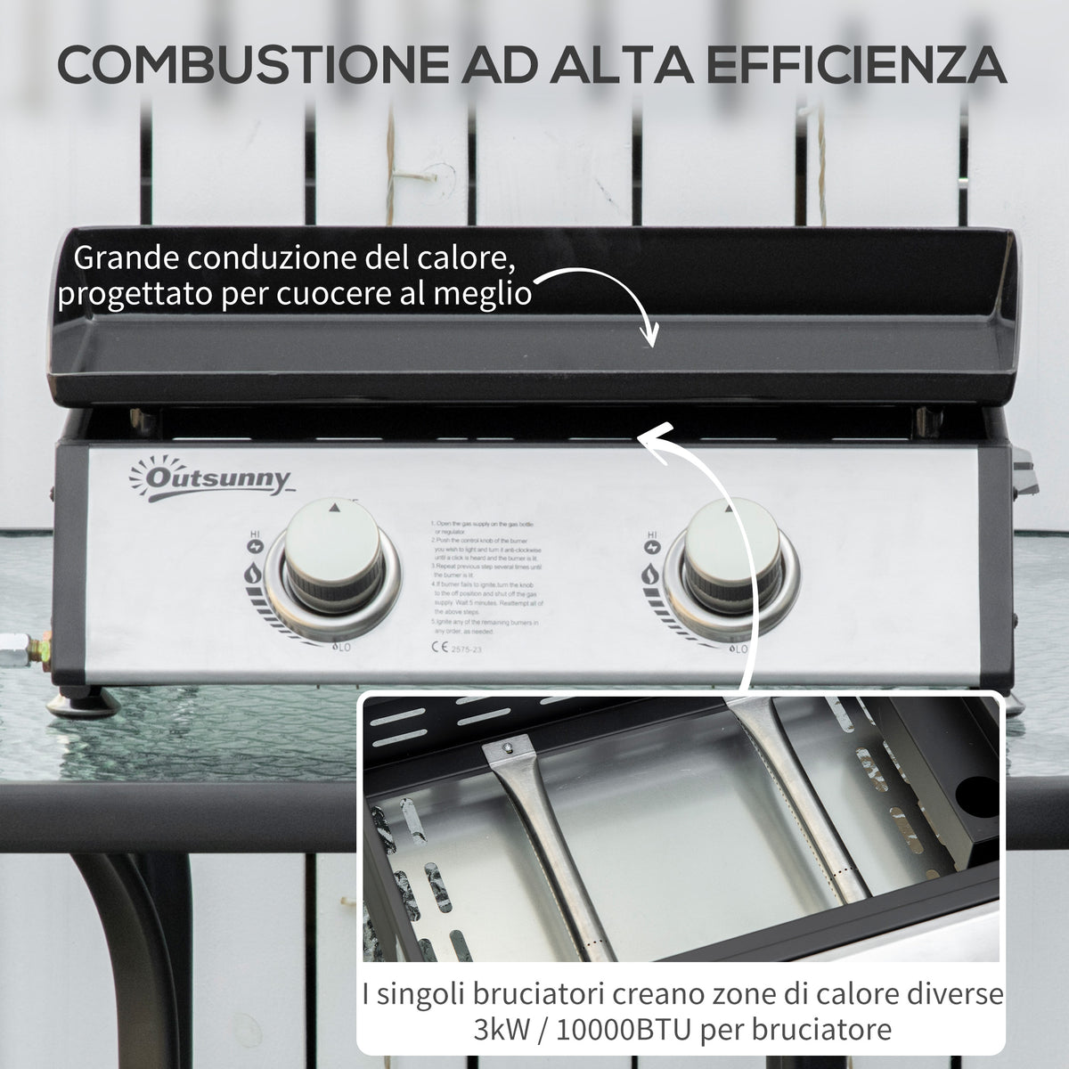 Piastra Barbecue a Gas da Tavolo con 2 Bruciatori e Potenza 6kW, 48.5x46x21cm, Nero