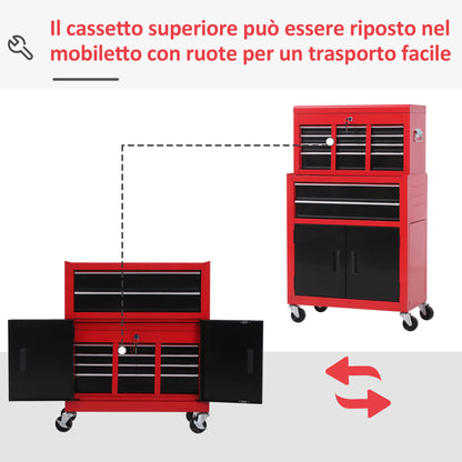 Carrello Porta Attrezzi 2 in 1 con Cassetta Superiore e Armadietto Inferiore, in Metallo, 61.6x33x108 cm, Rosso