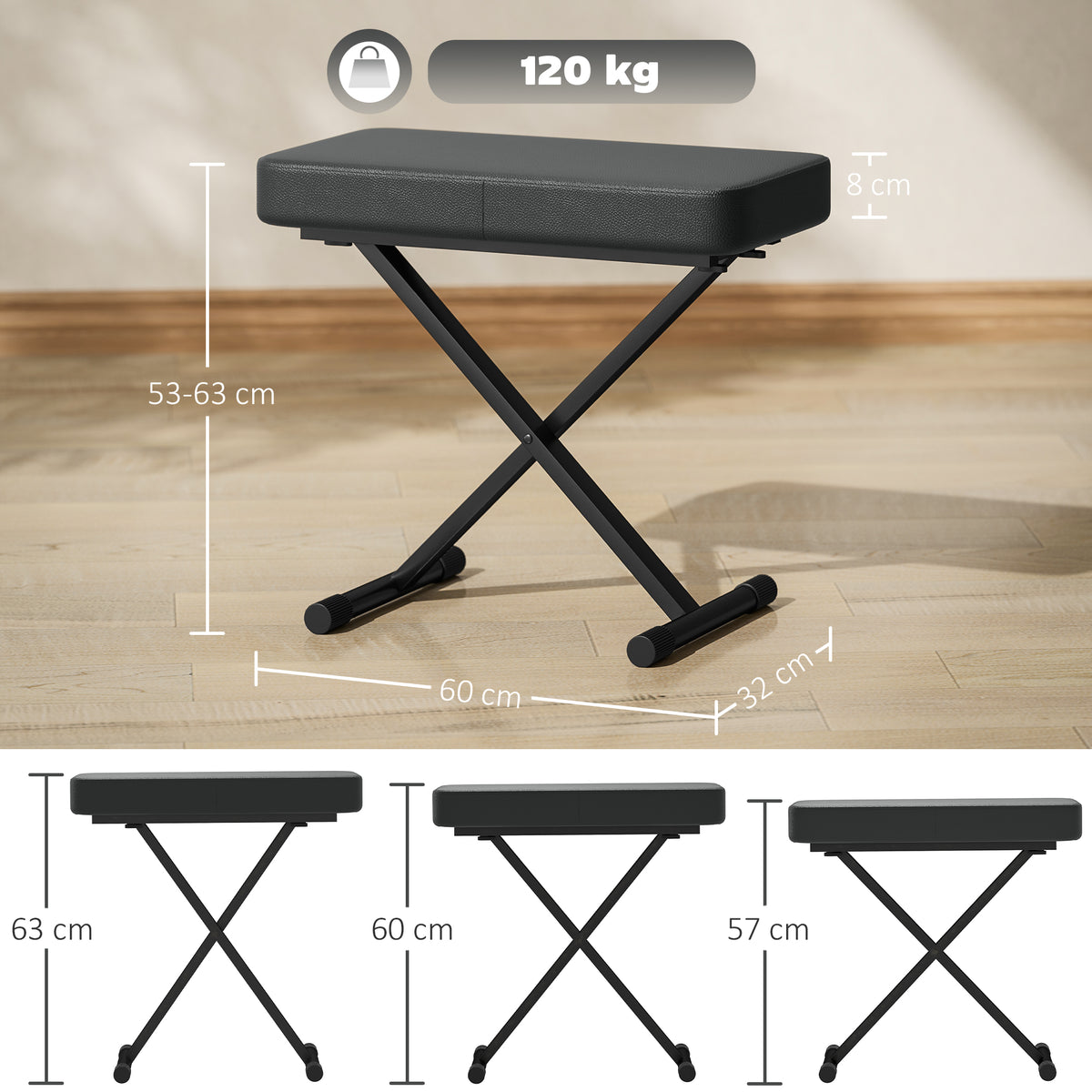 Sgabello per Pianoforte Pieghevole e Regolabile su 4 Altezze, in Pelle PU, Schiuma e Metallo, 60x32x53-63 cm, Nero