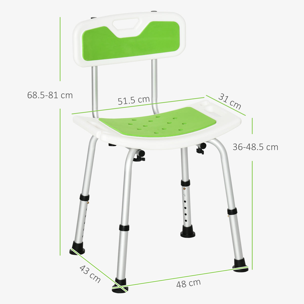 Sedia per Doccia in Alluminio ed EVA con Altezza Regolabile su 6 Livelli e Schienale Ricurvo, 51.5x49.5x68.5-81 cm