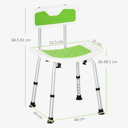 Sedia per Doccia in Alluminio ed EVA con Altezza Regolabile su 6 Livelli e Schienale Ricurvo, 51.5x49.5x68.5-81 cm