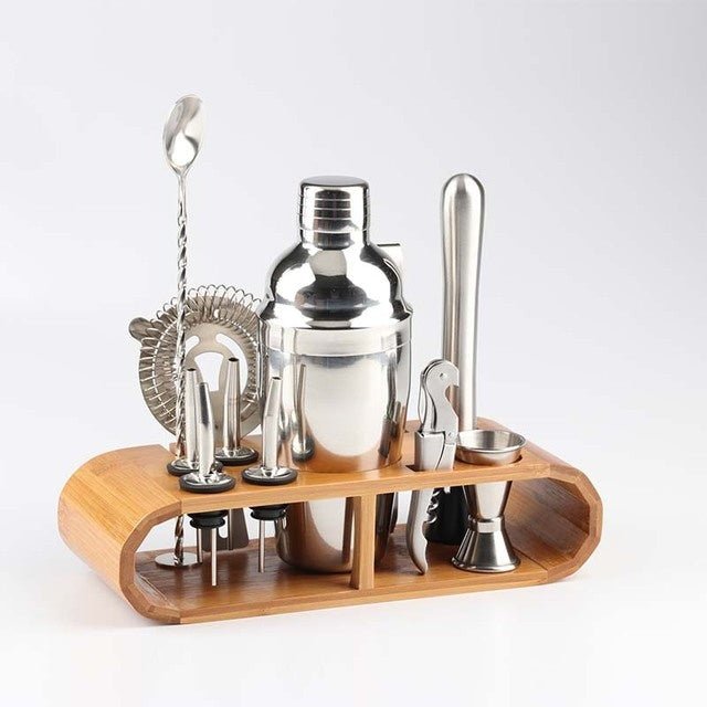 Shaker à cocktail en acier inoxydable avec support en bois pour fêtes à domicile et bars