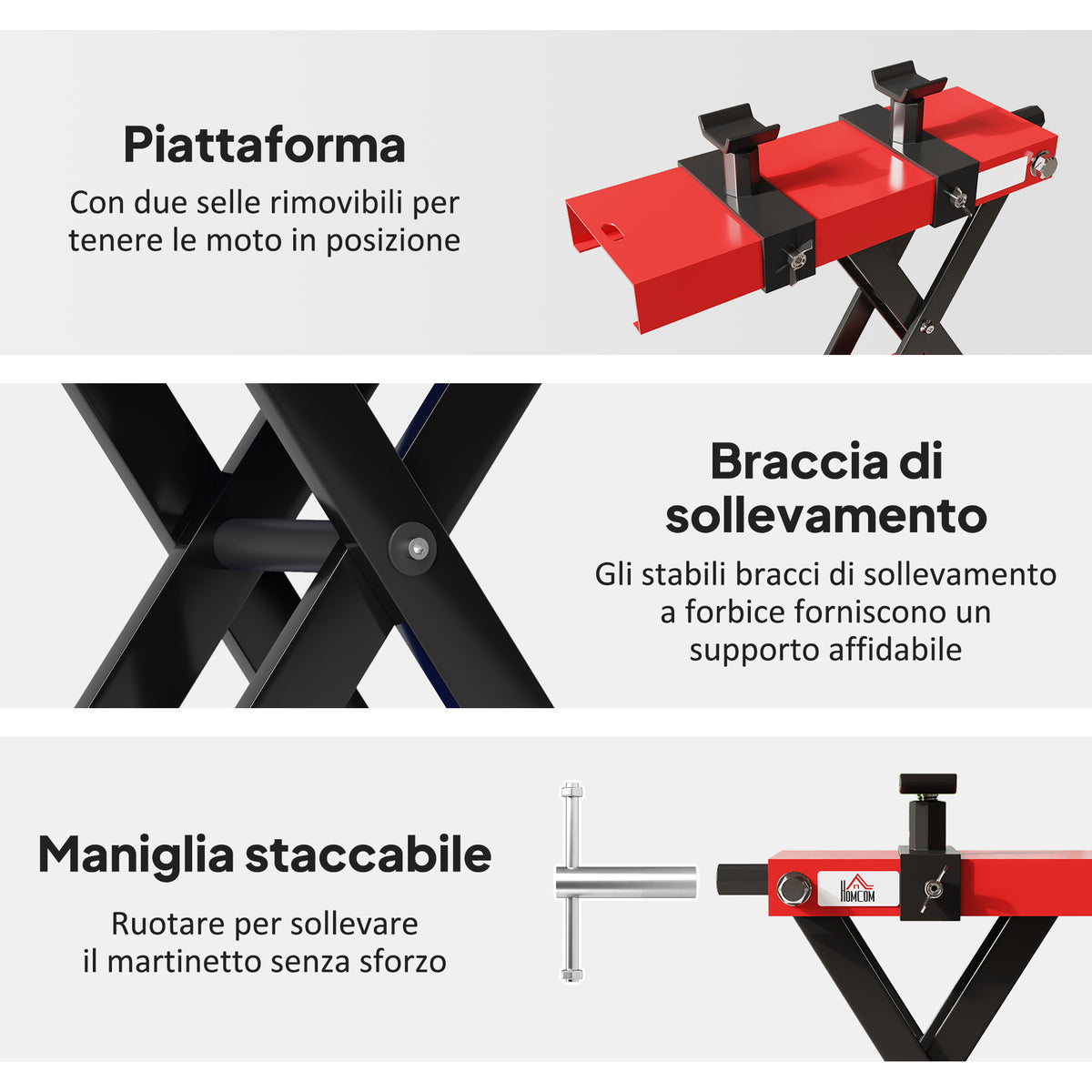Cavalletto Alzamoto in Acciaio Capacità 500kg, Pieghevole con Altezza Regolabile e Manovella, Rosso