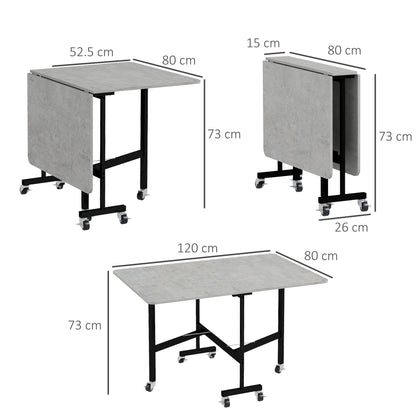 Tavolo Pieghevole a Ribalta per 4-6 Persone con 6 Rotelle, in Legno e Acciaio, 120x80x73 cm, Grigio