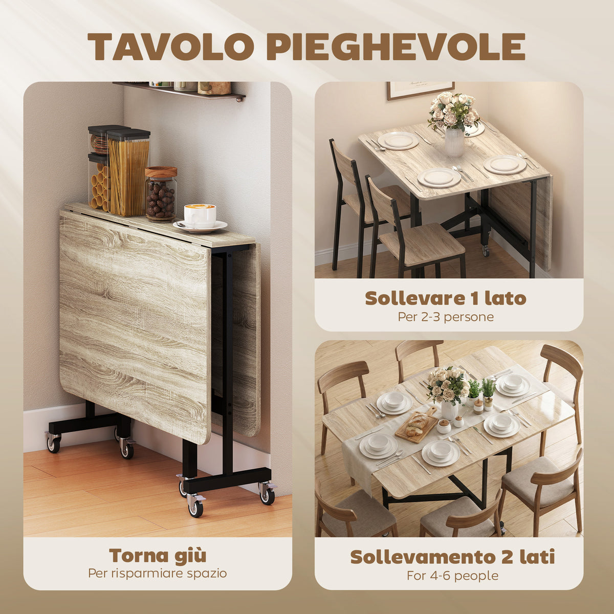 Tavolo Pieghevole per 4-6 Persone con 2 Ribalte e Ruote con Freno, 120x80x73 cm, Rovere