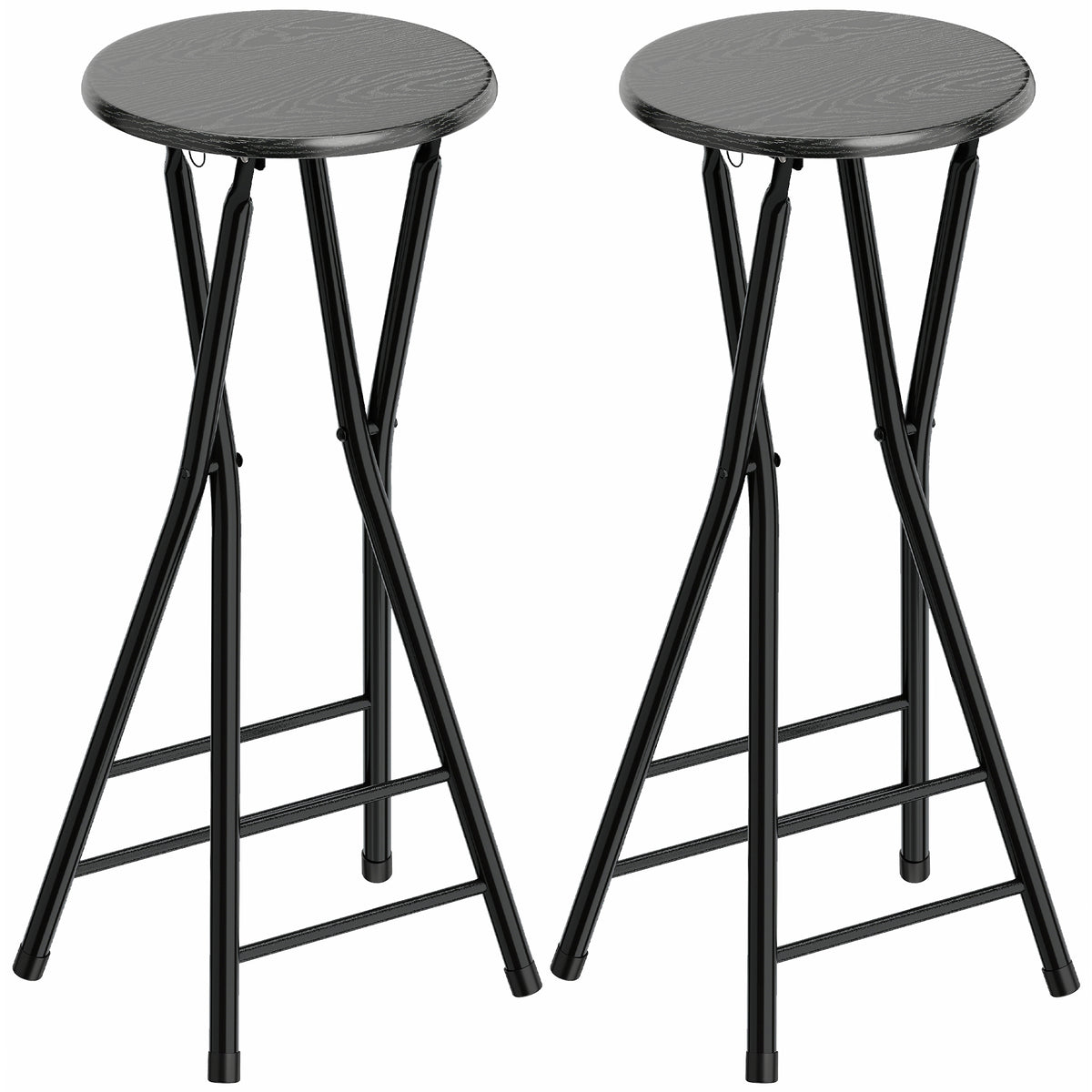 Set 2 Sgabelli Bar Pieghevoli con Doppio Poggiapiedi, in Legno e Acciaio, 34x30x70 cm, Nero