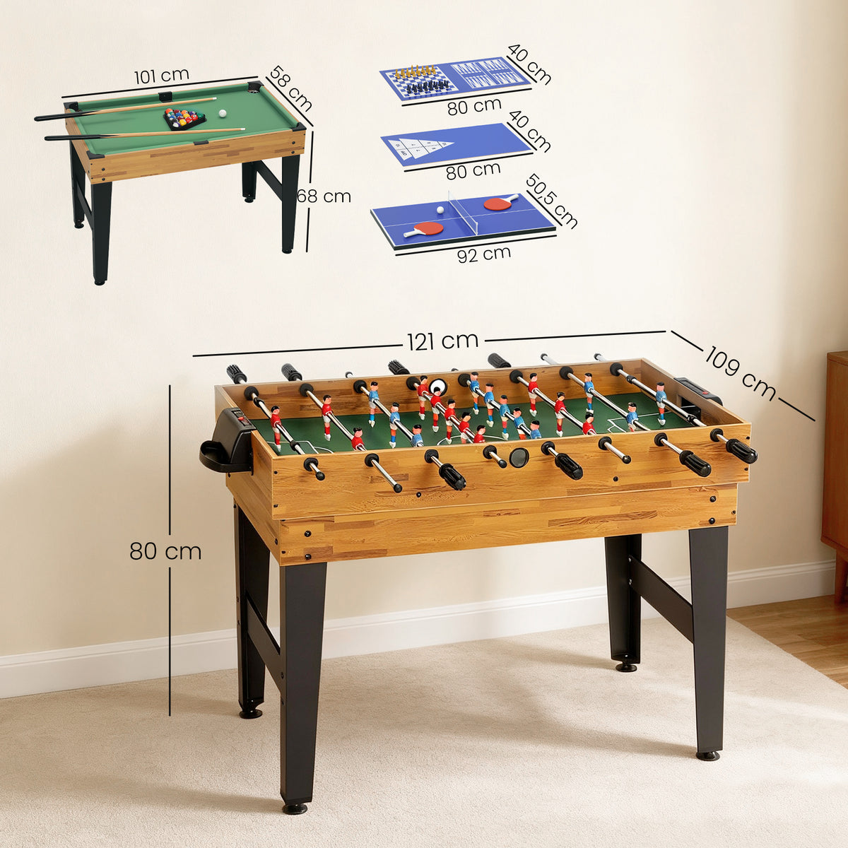 Tavolo da Gioco 13 in 1 con Calciobalilla, Ping Pong, Air Hockey, Biliardo, Scacchi e Altri, Noce