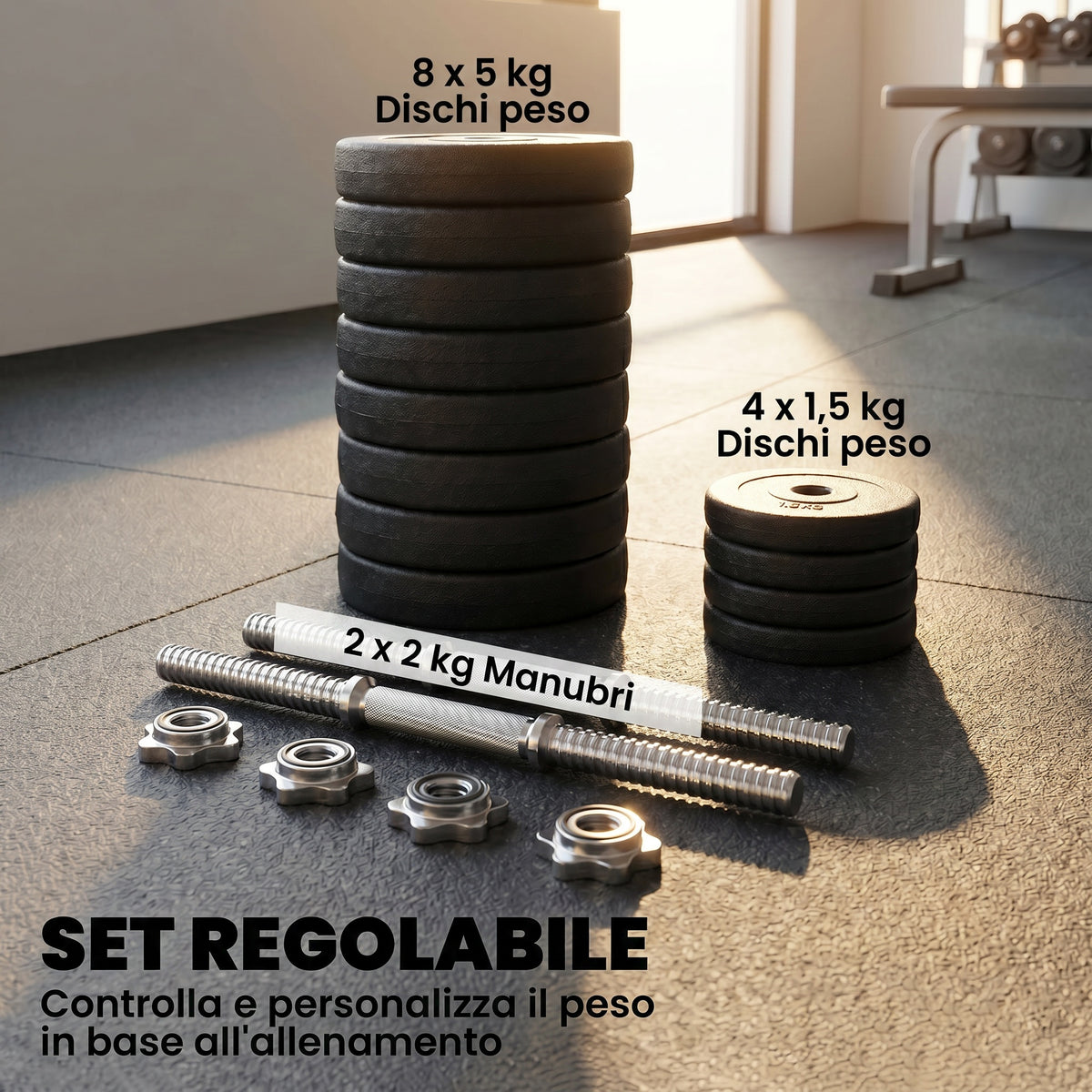 Set 12 Manubri Palestra da 50kg (8x5kg, 4x1.5kg), in Acciaio e Plastica PE, Nero