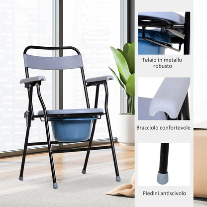 Sedia WC Pieghevole con Vaso Rimovibile per Anziani e Disabili in Tubi di Ferro e Plastica 52 x 50 x 75cm