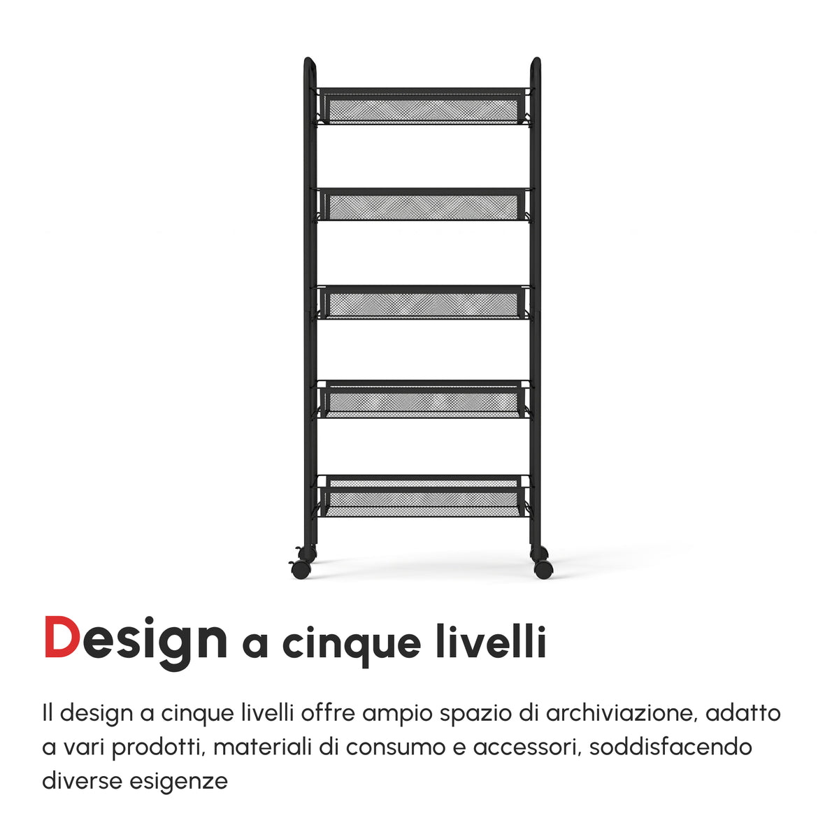 Carrello da Cucina Salvaspazio a 5 Livelli con Cestini a Rete in Acciaio, 45x26.5x106cm, Nero