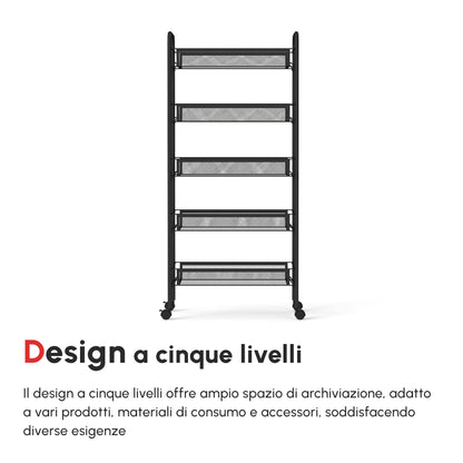Carrello da Cucina Salvaspazio a 5 Livelli con Cestini a Rete in Acciaio, 45x26.5x106cm, Nero