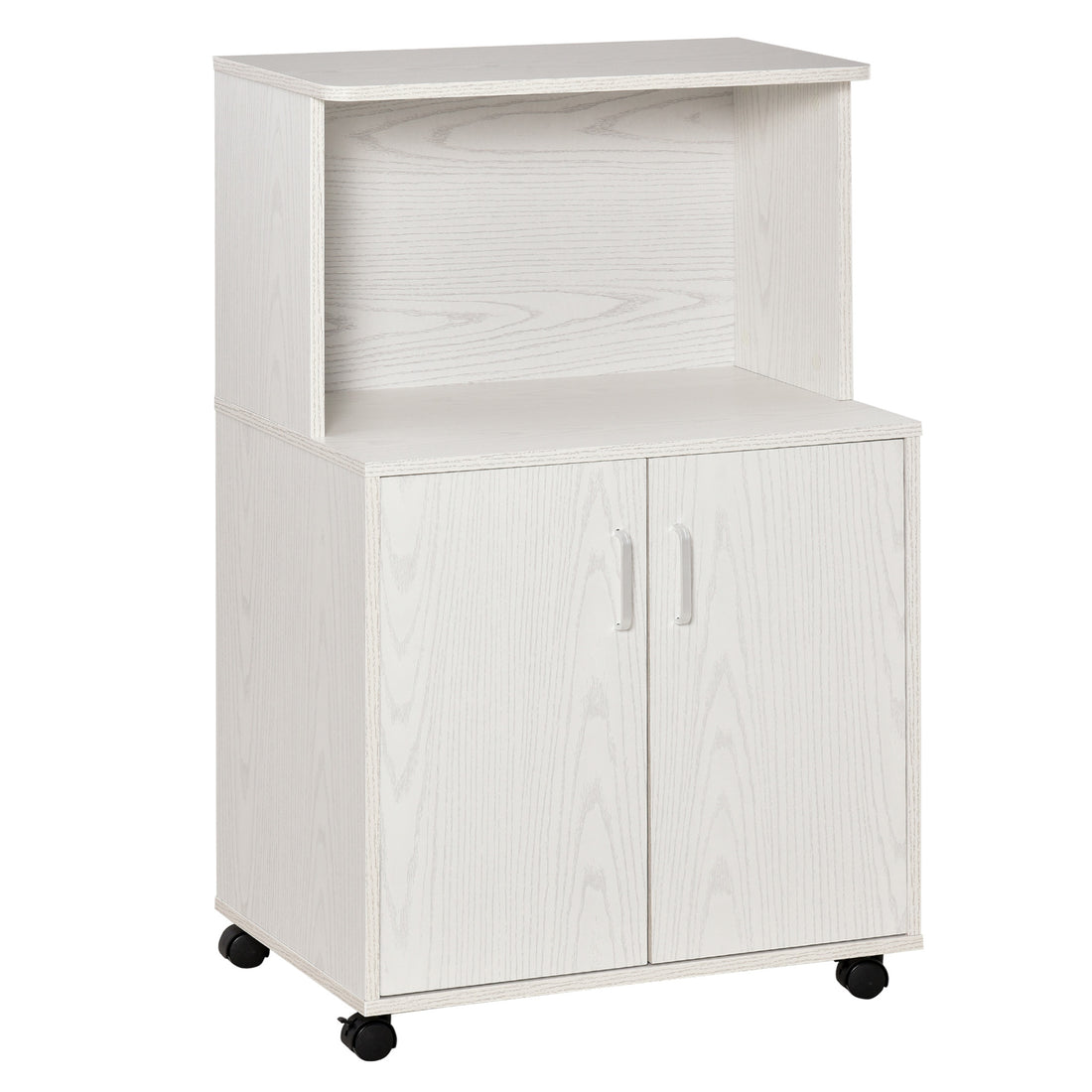 Mobile Cucina Multiuso con Ruote, Armadietto e Ripiano per Microonde, Credenza Alta in Legno Truciolare, 60.4x40.3x97cm Bianco
