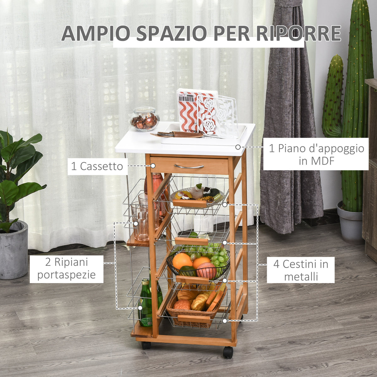 Carrello da Cucina con 1 Cassetto, 4 Cestelli Metallici e 2 Ripiani Portaspezie in Legno 47 x 37 x 83 cm Marrone