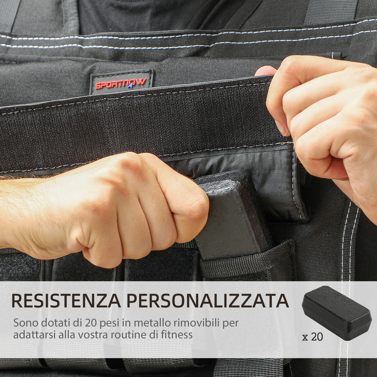 Gilet Zavorrato Regolabile 20kg con 20 Pesi, Gilet con Strisce Catarifrangenti, 50x40 cm, Nero