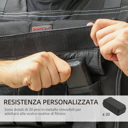 Gilet Zavorrato Regolabile 20kg con 20 Pesi, Gilet con Strisce Catarifrangenti, 50x40 cm, Nero