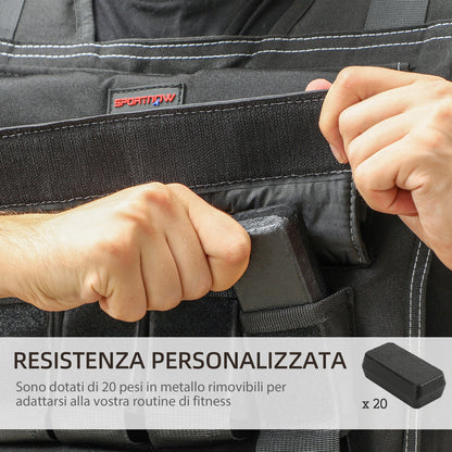 Gilet Zavorrato Regolabile 20kg con 20 Pesi, Gilet con Strisce Catarifrangenti, 50x40 cm, Nero