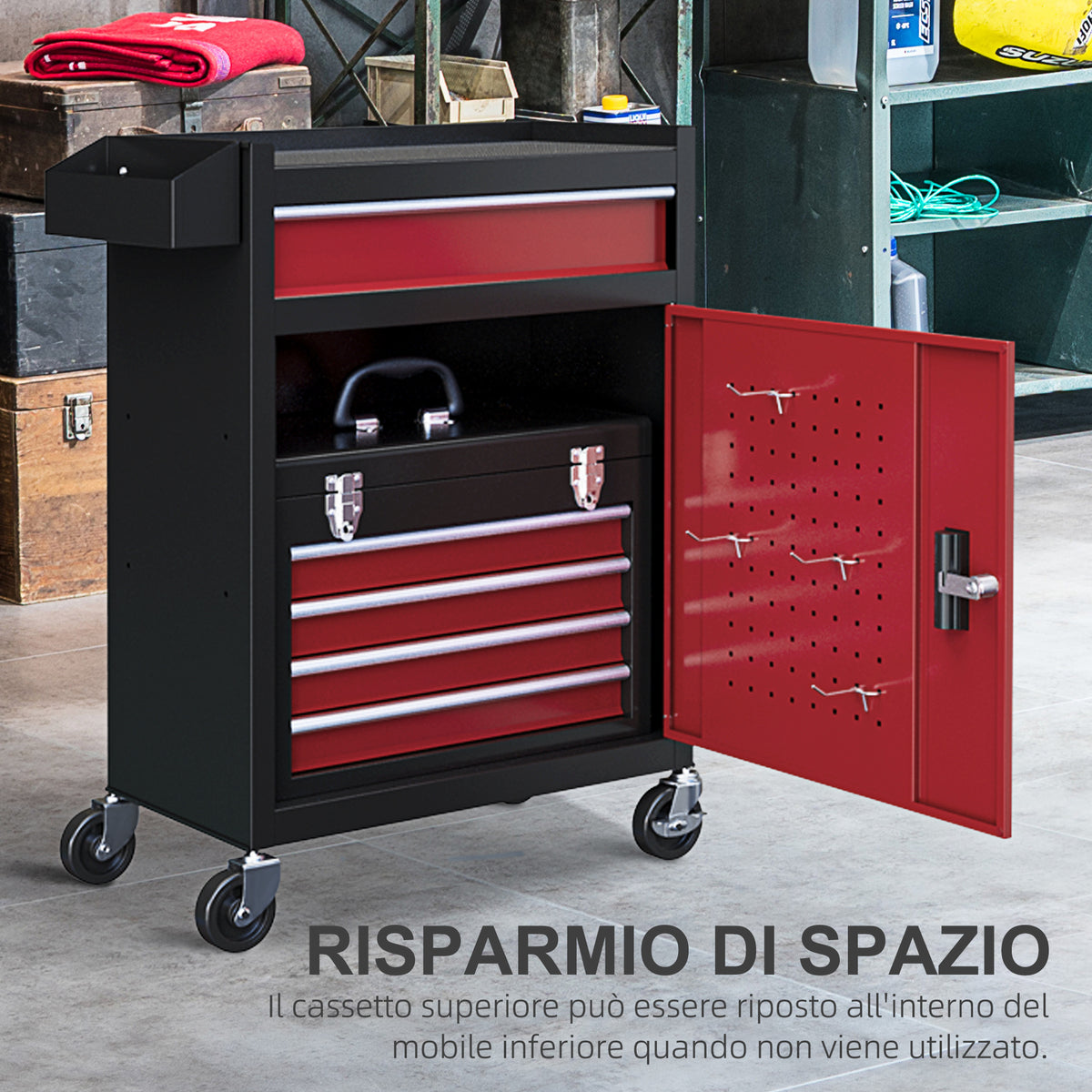 Carrello Porta Attrezzi 5 Cassetti, Cassetta Rimovibile e Armadietto con Chiave in Acciaio, Rosso